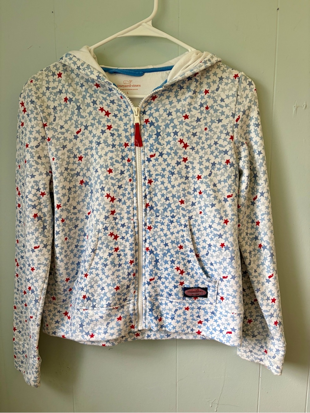 Girls Vineyard Vines White Zip Hoodie with Blue and Red Star Print M